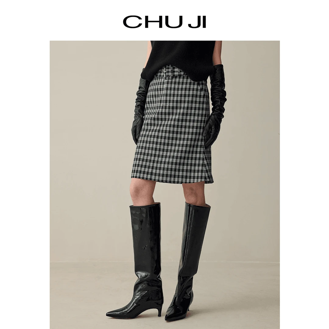 Chuji/出迹高腰格子中裙半身裙2024秋季新款设计感半身裙D2M1595L