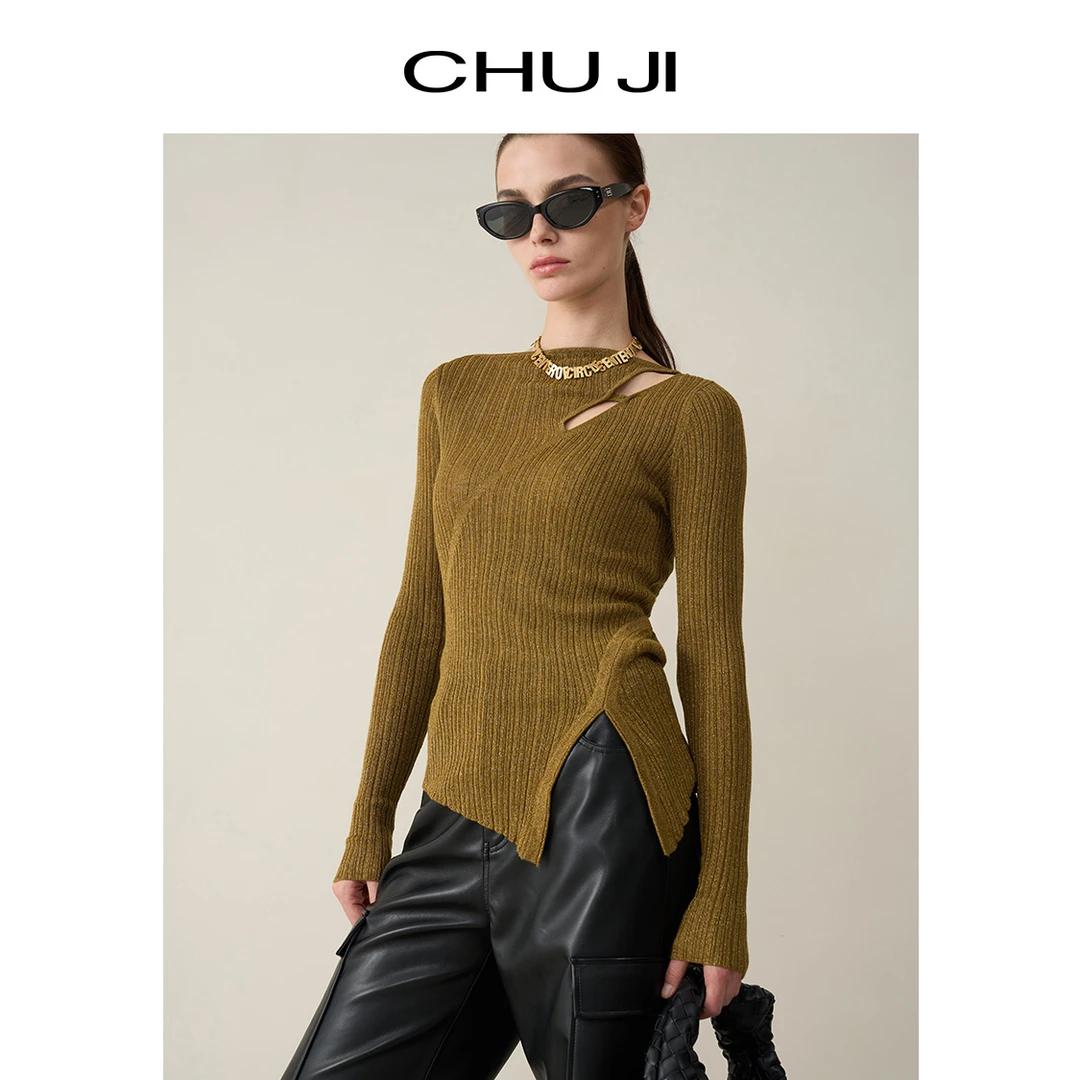 Chuji/出迹设计感小众一字领长袖针织衫女侧开叉镂空小衫D2N002M