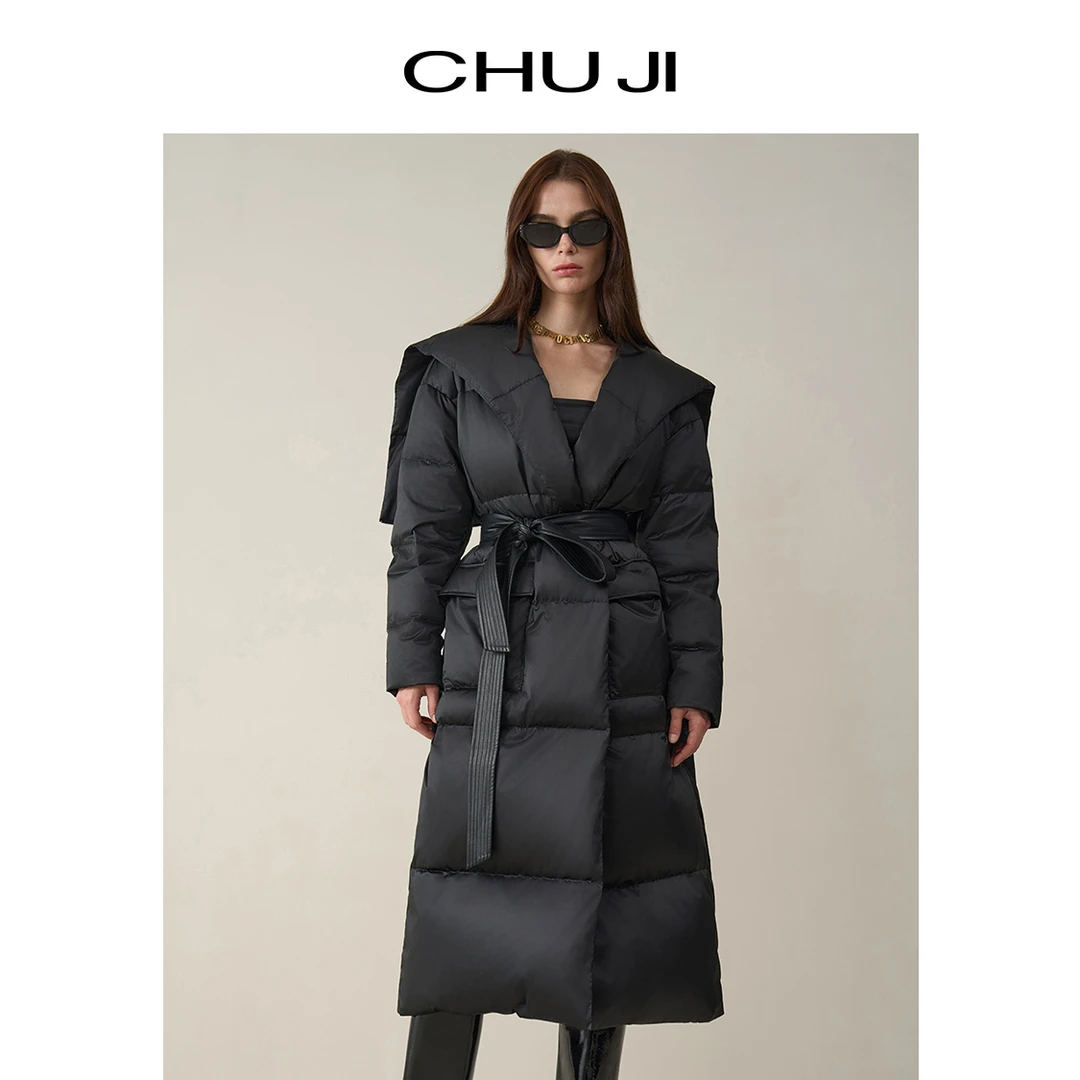 Chuji/出迹长款加厚羽绒服女冬大翻领披肩收腰外套风衣D2Z1721Y