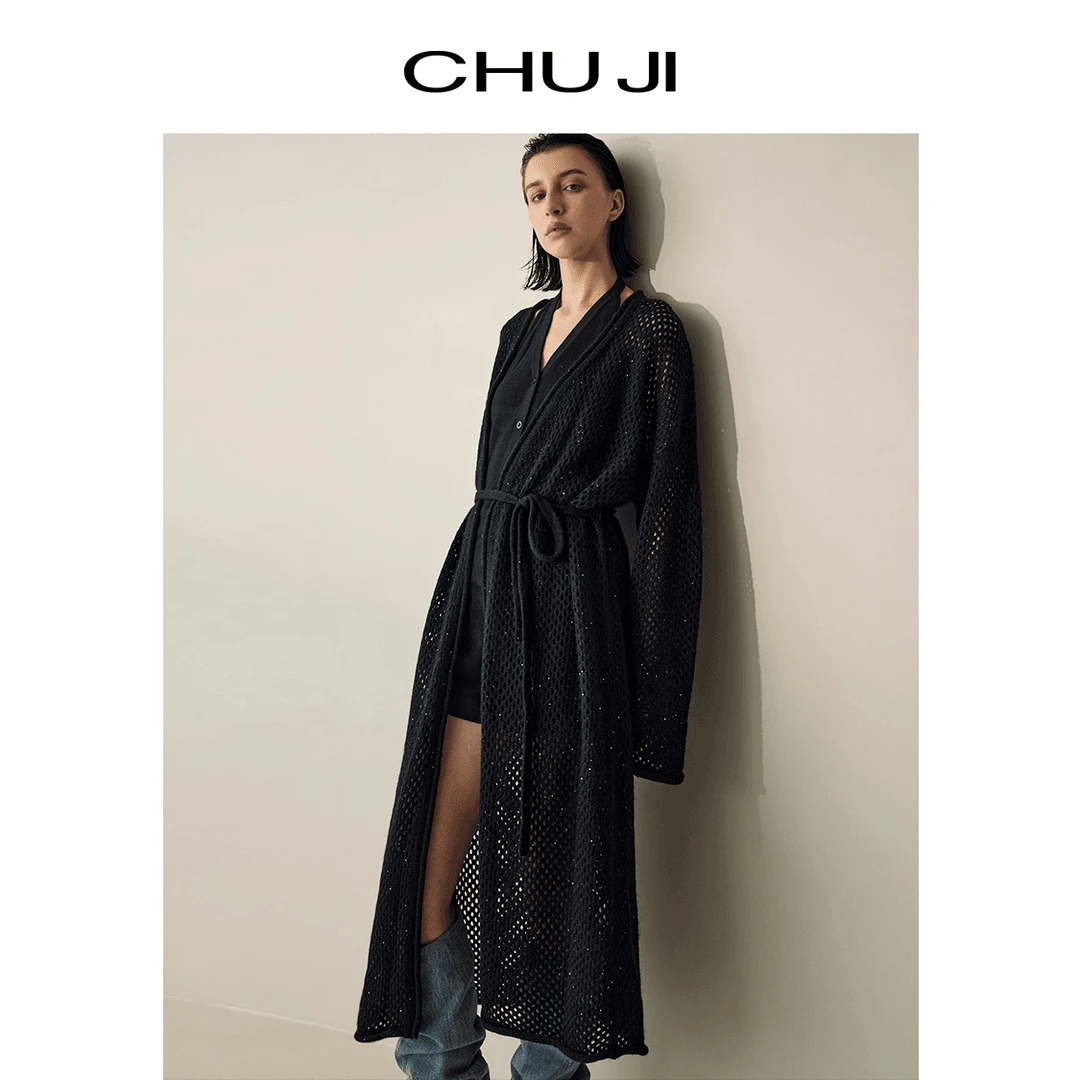Chuji/出迹设计感镂空珠片长款针织开衫外套秋冬黑色毛衣-D2N016M