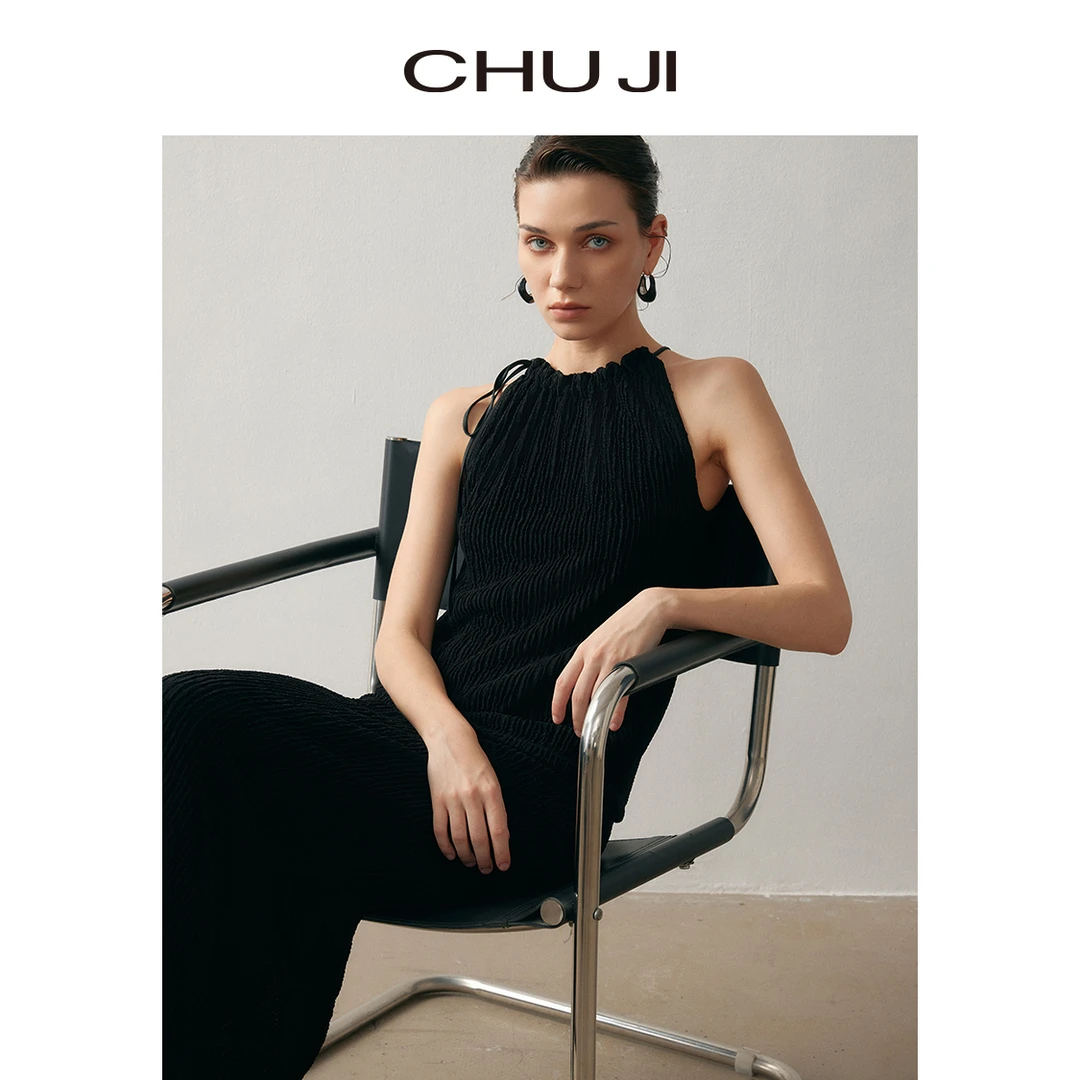 Chuji/出迹黑色醋酸连衣裙女无袖上衣半身裙套装裙-D1Z1121T