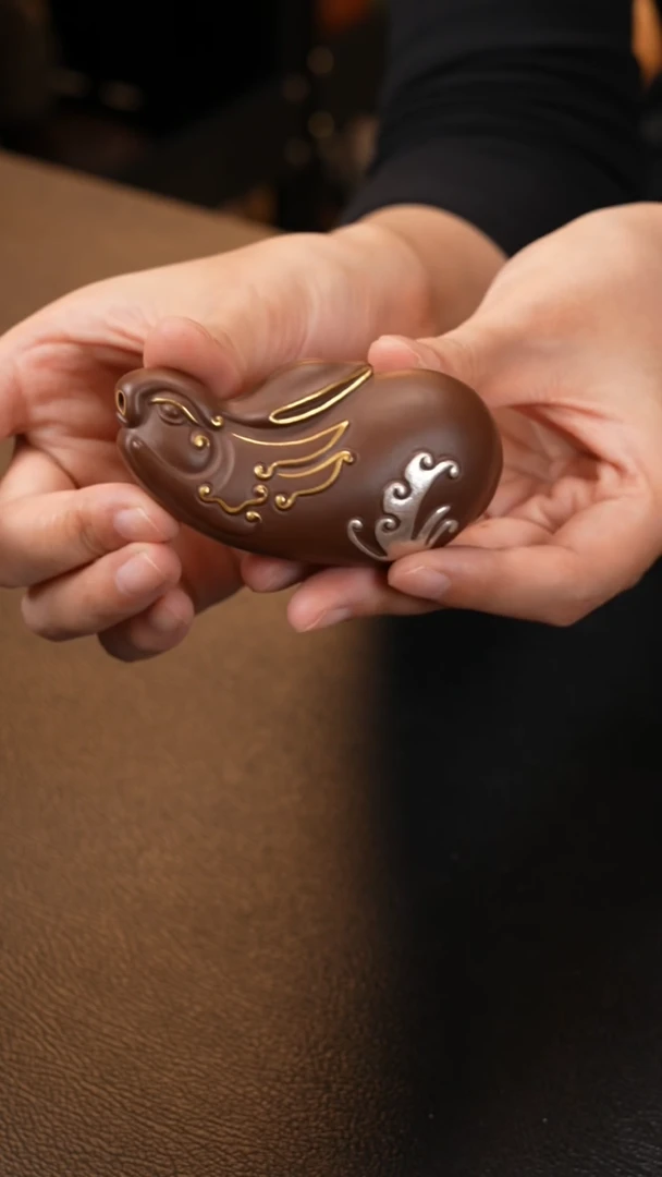 【闪购商品】紫砂茶宠紫砂 描金兔子手把件