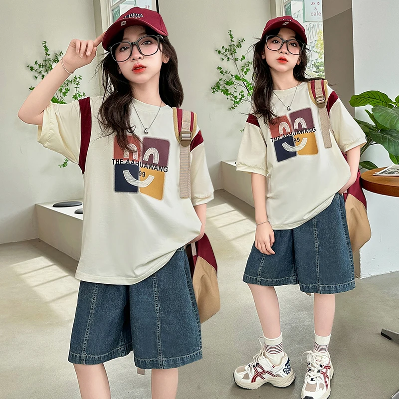 女童套装夏季新款洋气时尚宽松女孩韩版中大童童装时髦潮童牛仔