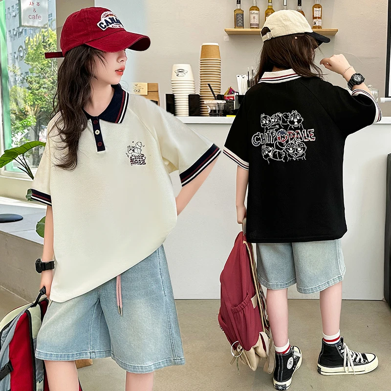 女童夏季Polo衫套装2024新款女孩中大童学院风短袖五分牛仔裤套装