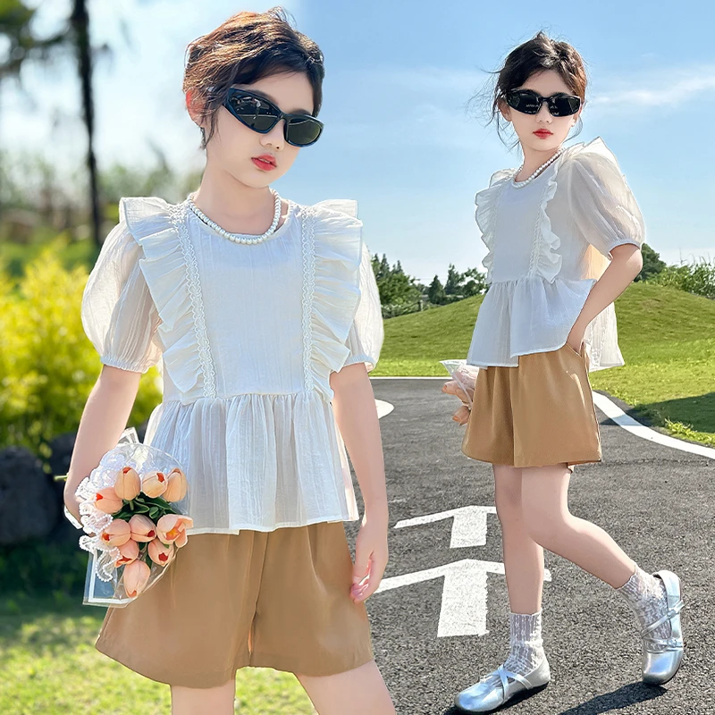 女童夏季新款洋气甜美简约韩系蕾丝飞袖短裤女孩大童休闲时尚套装