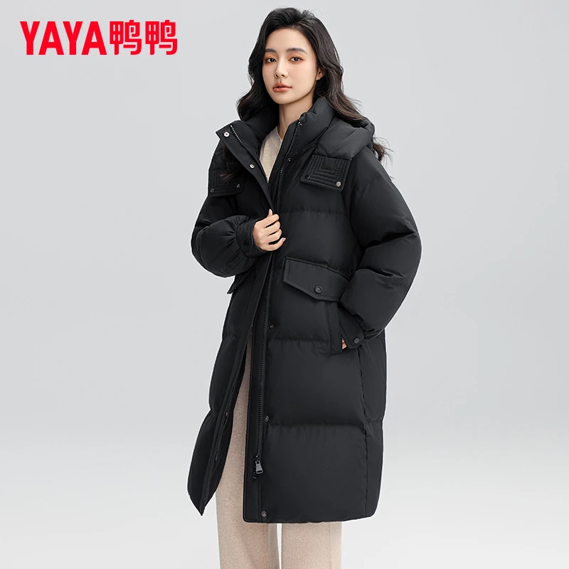 YAYA/鸭鸭黑色羽绒服女2025新款冬季时尚加厚保暖中长款休闲外套