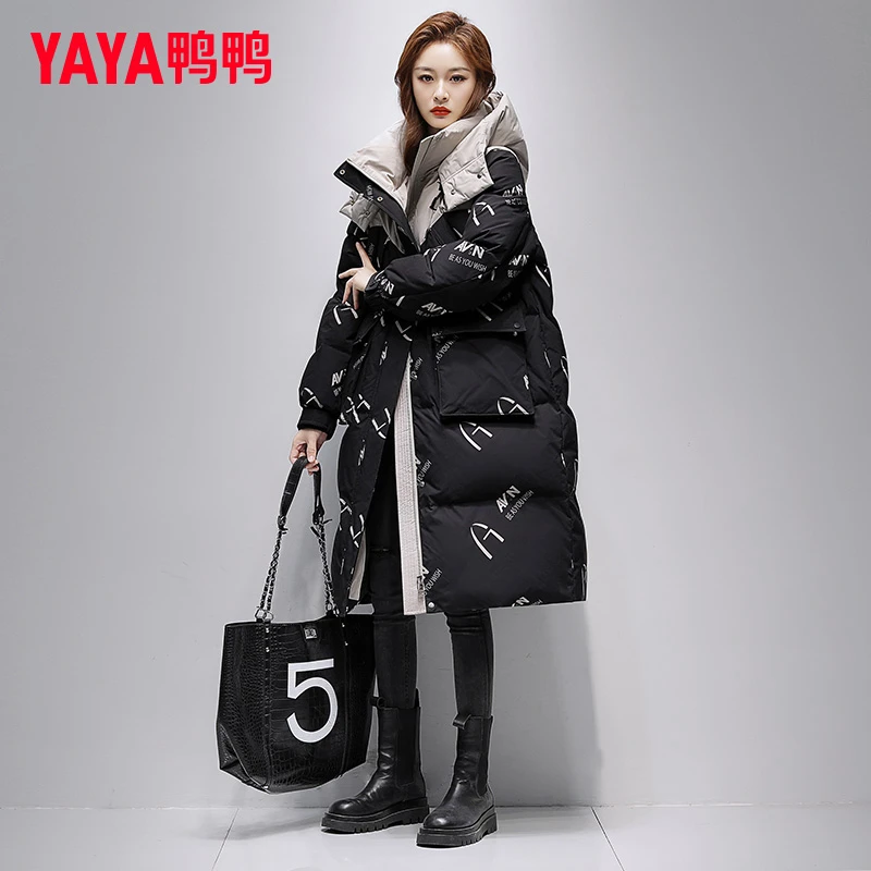 YAYA/鸭鸭长款羽绒服女2024新款连帽休闲韩版小个子时尚加厚外套