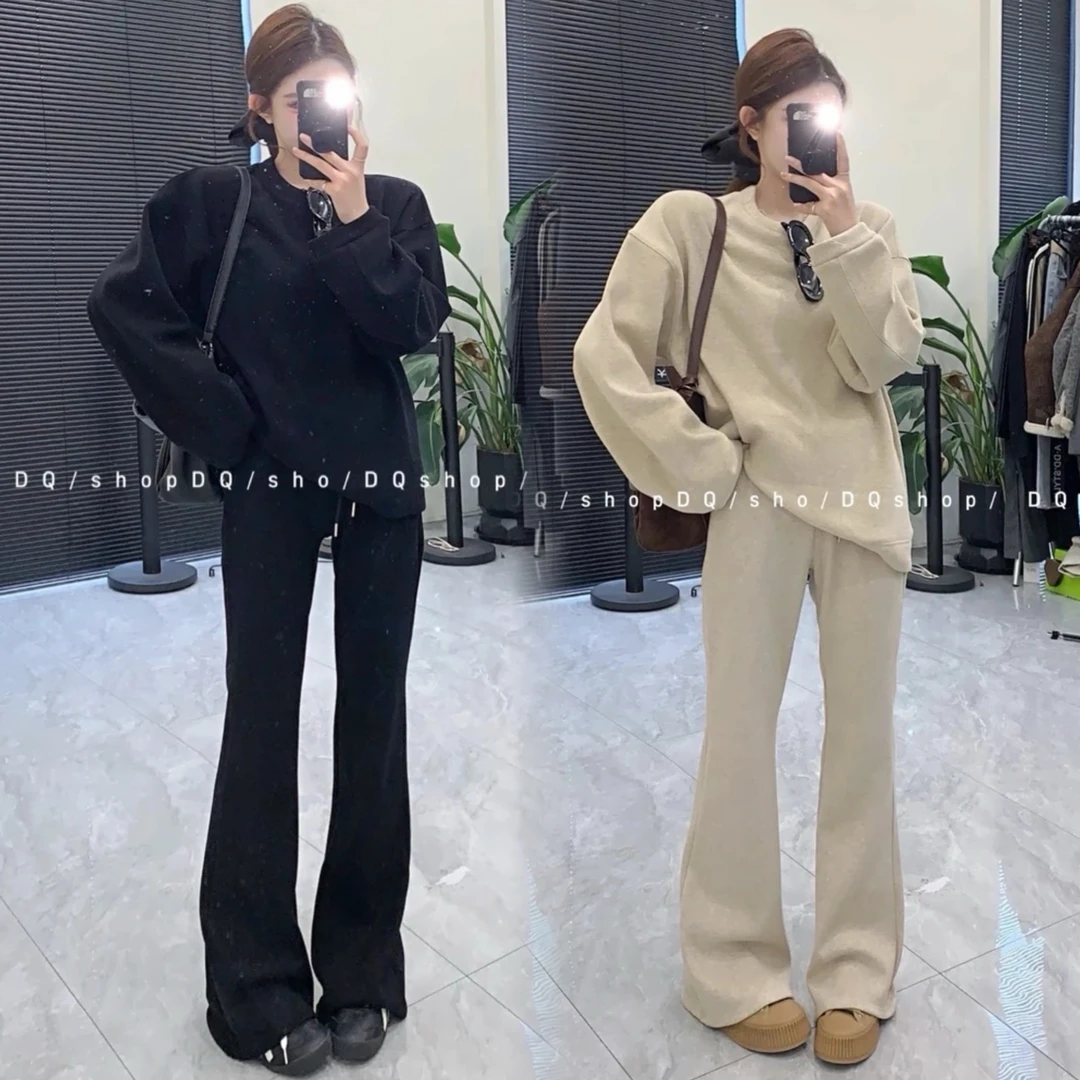 韩系慵懒风圆领卫衣套装2024秋冬新款宽松上衣阔腿裤微喇叭裤两件