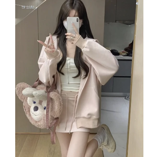 粉色卫衣女薄款秋季2023宽松小个子慵懒风连帽开衫外套+半身短裙