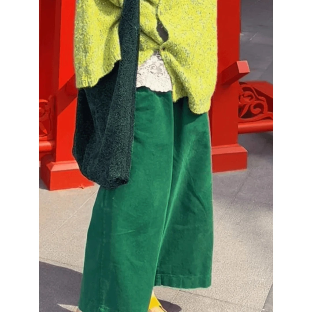 绿色灯芯绒九分裤子女2025春秋新款复古直筒休闲松紧腰宽松阔腿裤