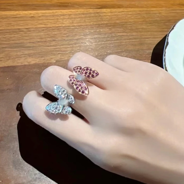 铜合金戒指 双蝴蝶白贝满钻粉钻戒指 轻奢时尚可调节戒指气质小众
