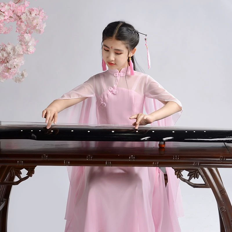 古筝演出服女中大仙女气质飘逸中国风钢琴二胡表演服长裙