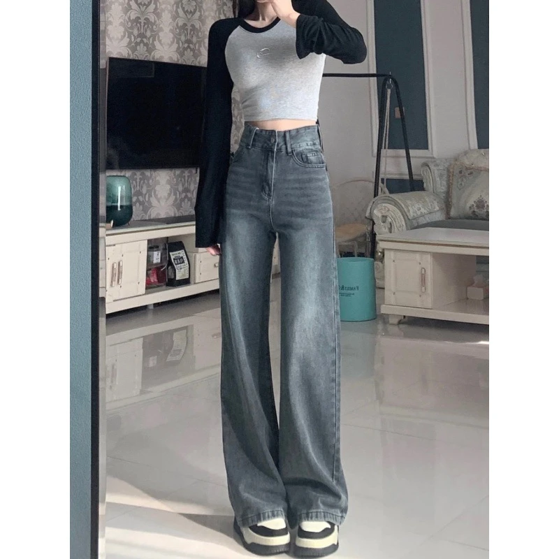 美式复古宽松微喇牛仔裤女2024年新款垂感阔腿做旧宽松拖地长裤子