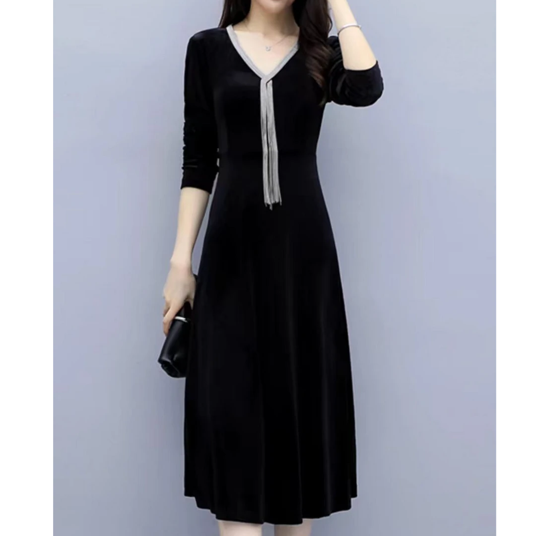 早秋新款V字轻奢高温烫钻修身优雅气质长裙