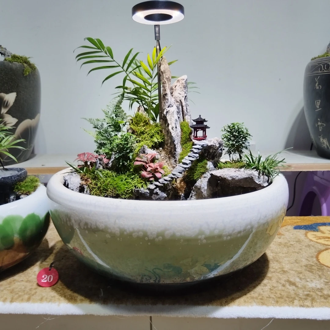 陶瓷古法缸聚宝盆假山流水摆件