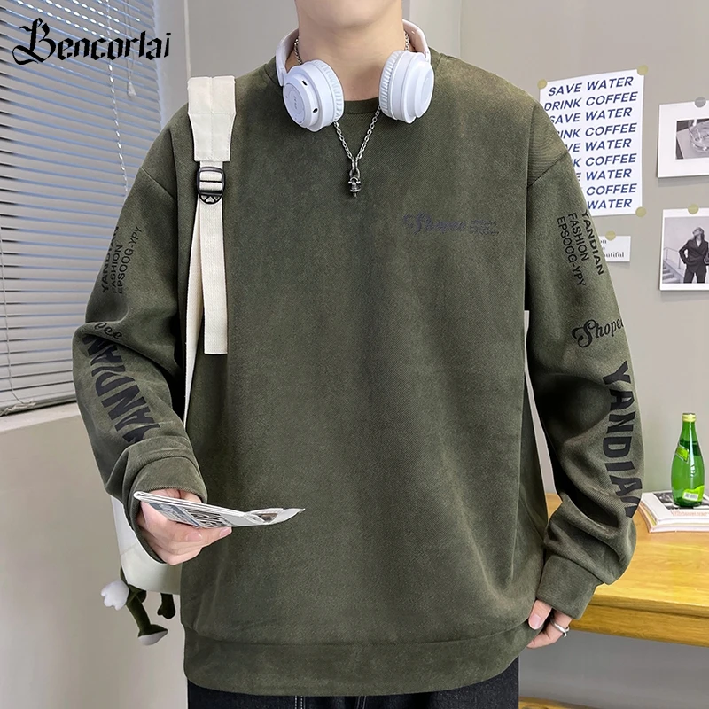 春秋季男港风卫衣鹿皮绒长袖圆领青年潮流上衣外套宽松休闲打底衫