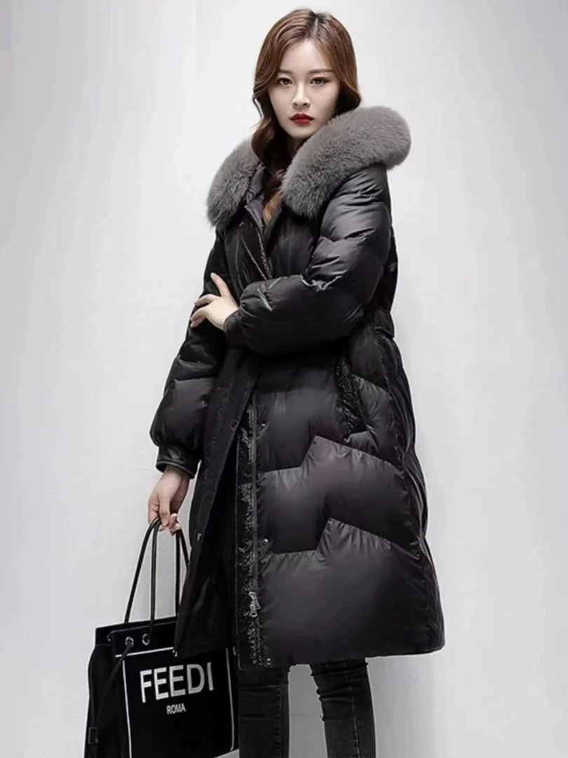 品牌大毛领羽绒服女士中长款休闲宽松2024冬季收腰显瘦加厚外套潮