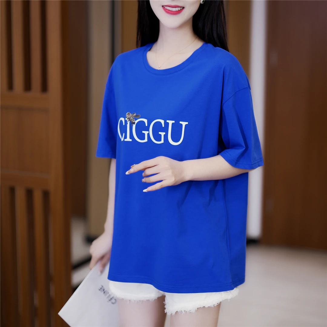 夏季新款简约蜜蜂字母印花短袖宽松大码圆领百搭休闲洋气减龄显瘦