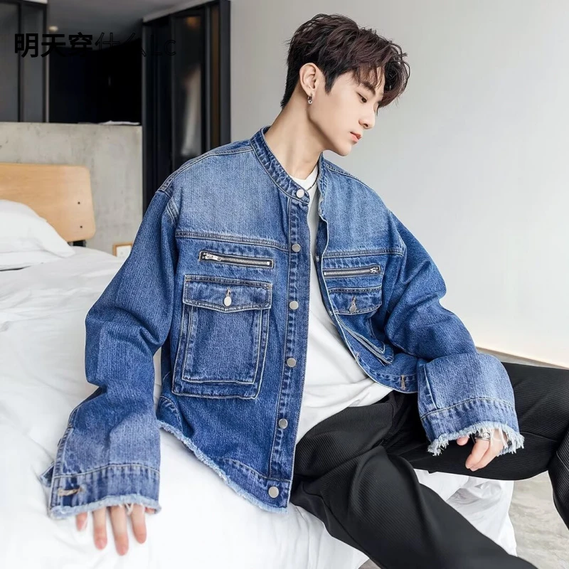 韩版拼接潮流休闲百搭宽松外套男士复古秋季水洗长袖牛仔夹克时尚