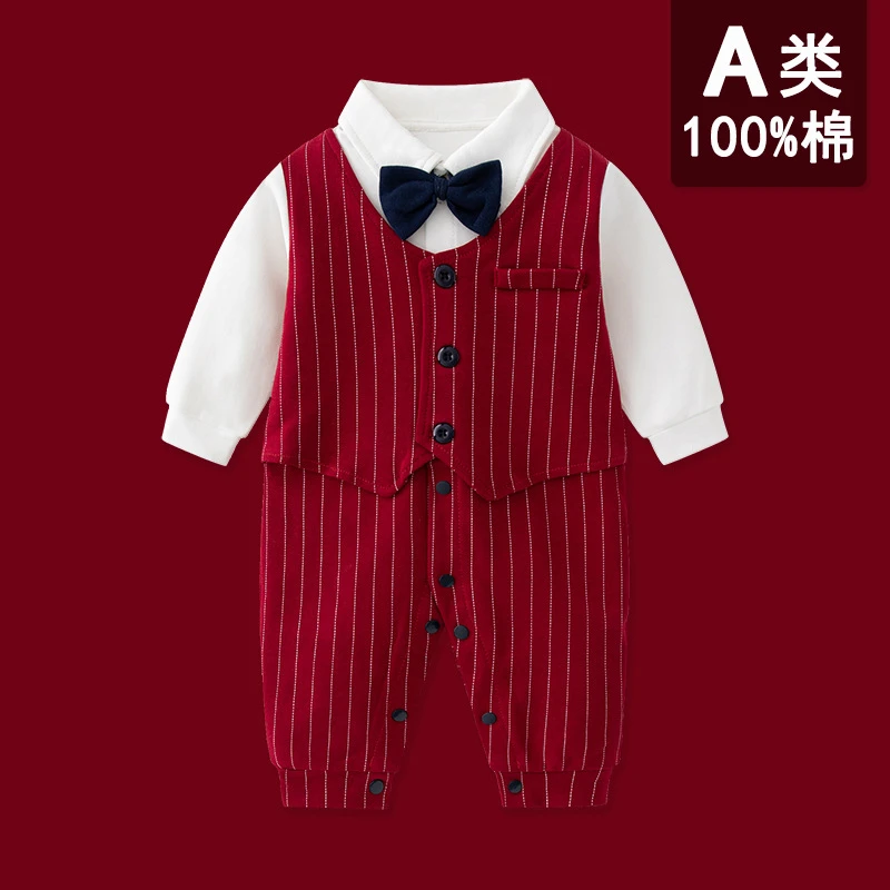 【现货】男宝满月百天周岁礼服抓周英伦西装婴儿洋气绅士连体衣春秋