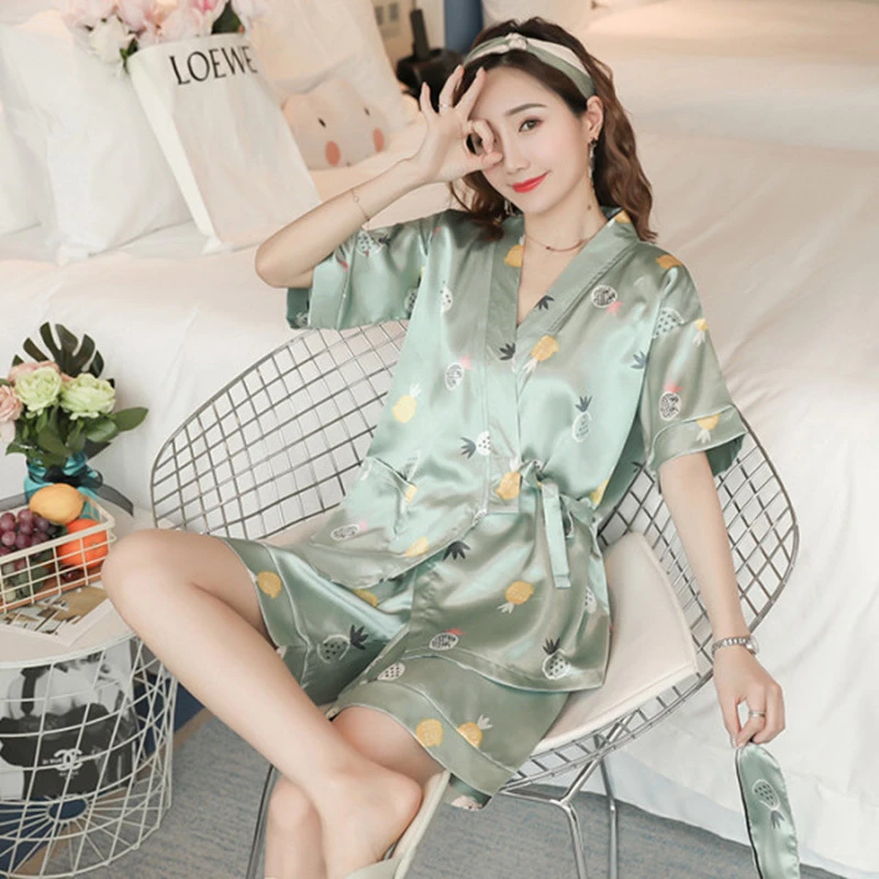 和服睡衣女冰丝短袖夏季可爱菠萝加大码200斤胖mm薄款家居服套装