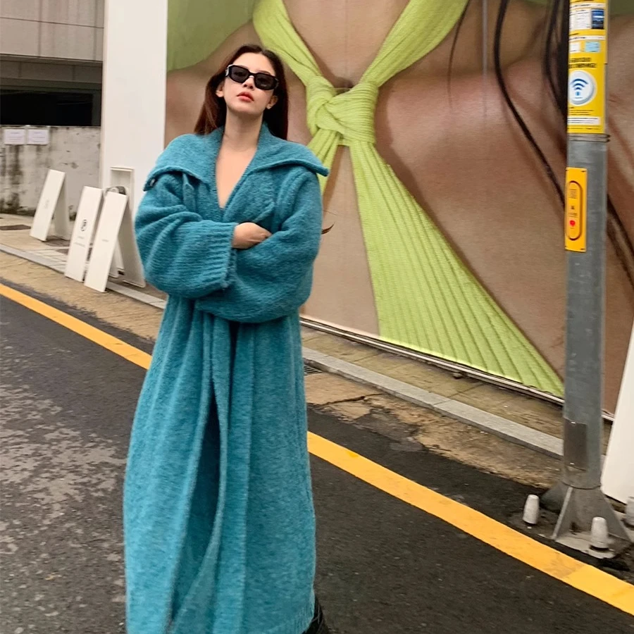 法式蓝色翻领长款系带毛衣开衫女秋冬慵懒高级感宽松显瘦针织大衣