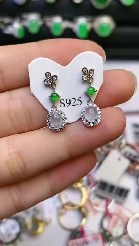 【闪购商品】翡翠戒指银S925镶嵌耳钉  百内无证书