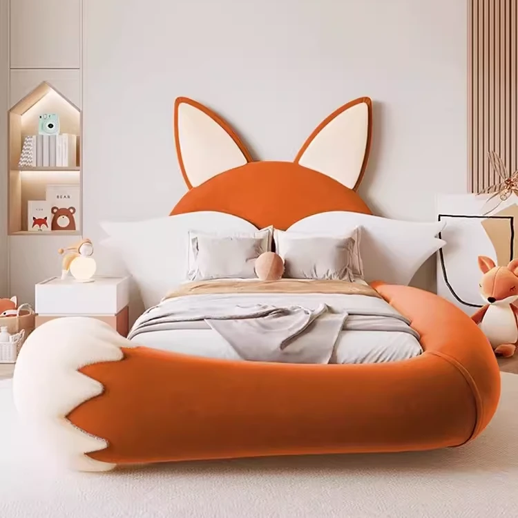 儿童床女孩小狐狸卡通实木绒布单人大床公主床女童别墅护栏亲子床