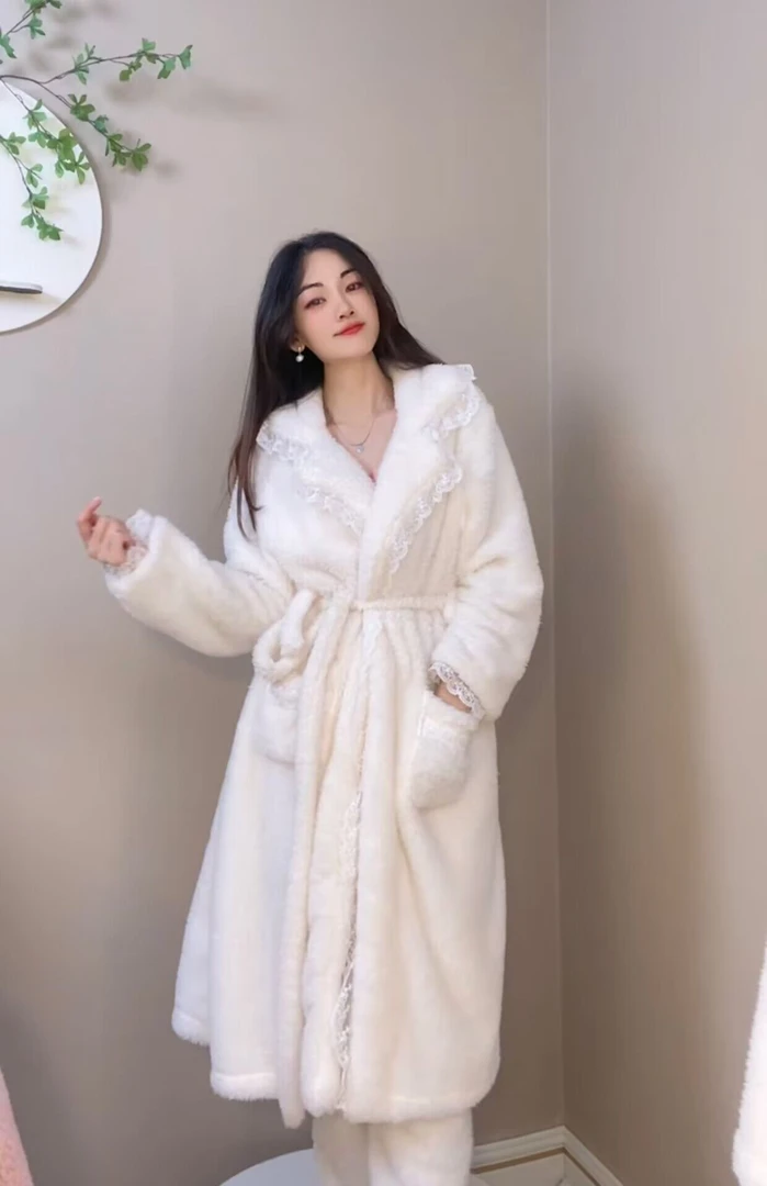 现货睡衣女舒棉绒加厚款女士家居服冬季保暖加绒甜美浴袍晨袍厚款