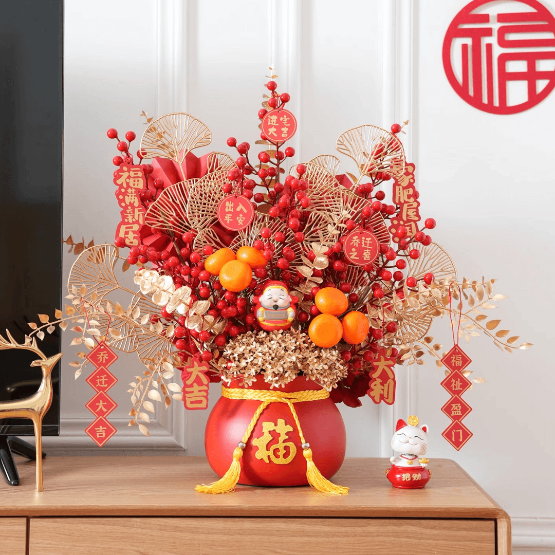 乔迁之喜装饰客厅摆件发财果仿真花开业礼物插花搬家入伙进宅福桶