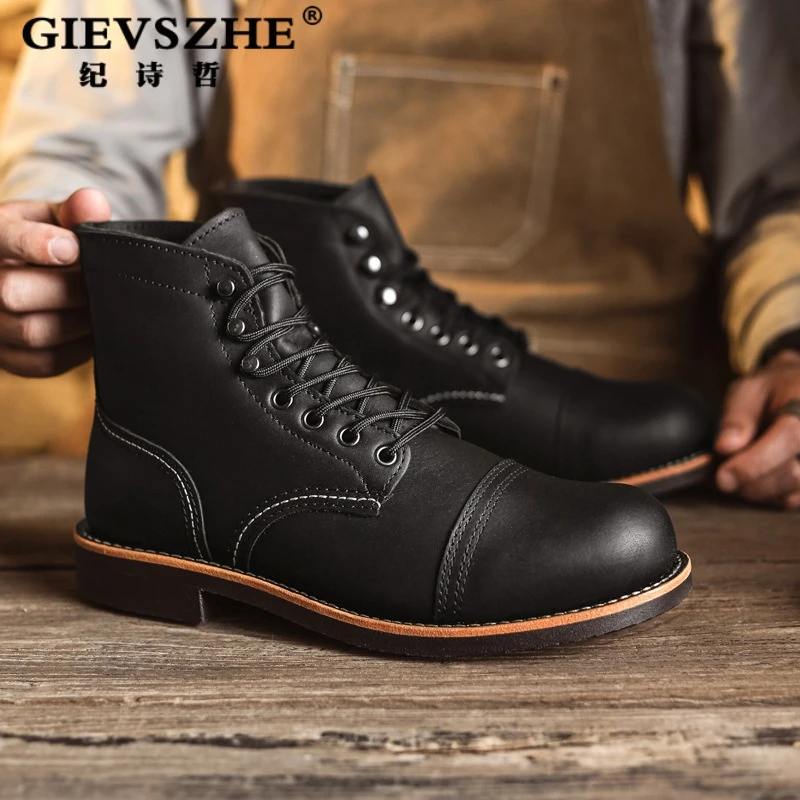GIEVSZHE/纪诗哲阿美咔叽马丁靴子固特异男鞋头固特异牛皮工装靴