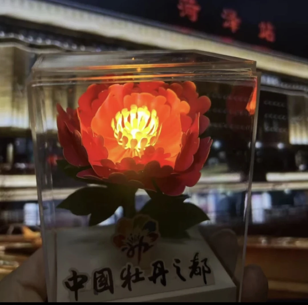 菏泽文创【中国牡丹之都手工牡丹剪纸亮灯摆件】方形加厚加厚创意