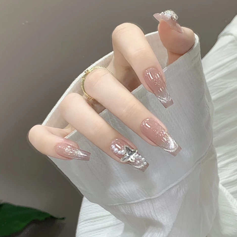 新品光疗纯手工穿戴甲晶石猫眼腮红闪钻成品美甲甲片多种款式可选