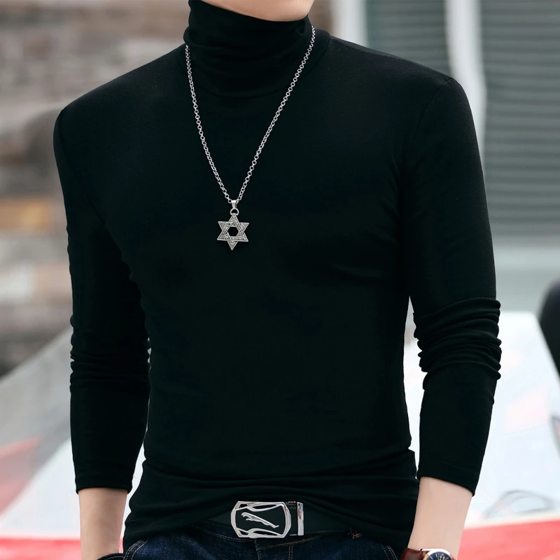 秋冬季纯棉高领打底衫男士纯色修身大码长袖T恤韩版内搭保暖上衣