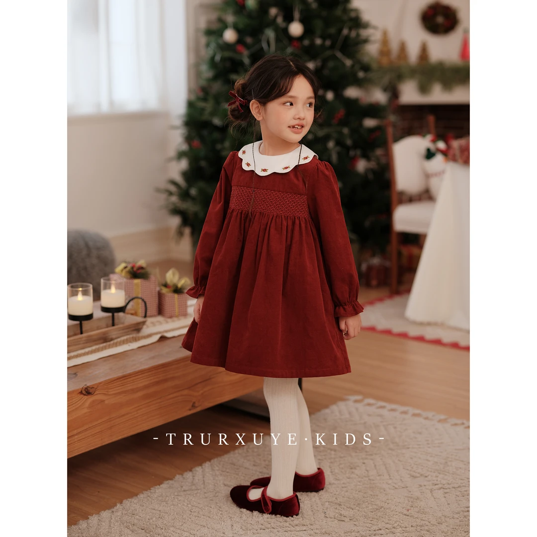 初煦 女童秋冬手工打揽复古红灯芯绒连衣裙 玫瑰花瓣领生日公主裙