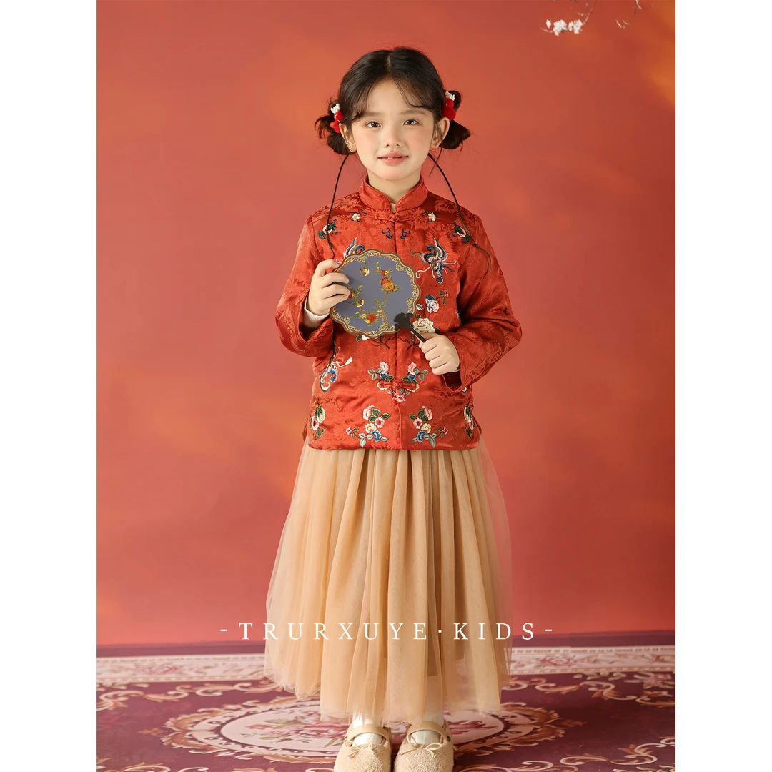 初煦 女童原创刺绣绣花夹棉唐装 新中式复古红拜年服外套新年战袍