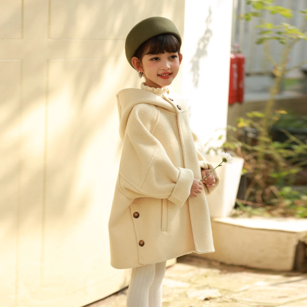 初煦【圈圈纯羊毛】女童纯手工奶黄双面呢大衣 宝宝廓形连帽外套