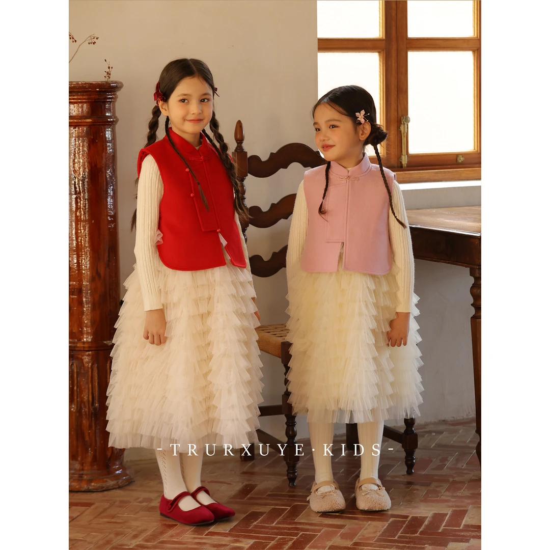 初煦 女童新中式羊毛混纺马甲/公主蓬蓬网纱背心裙 女宝宝拜年服