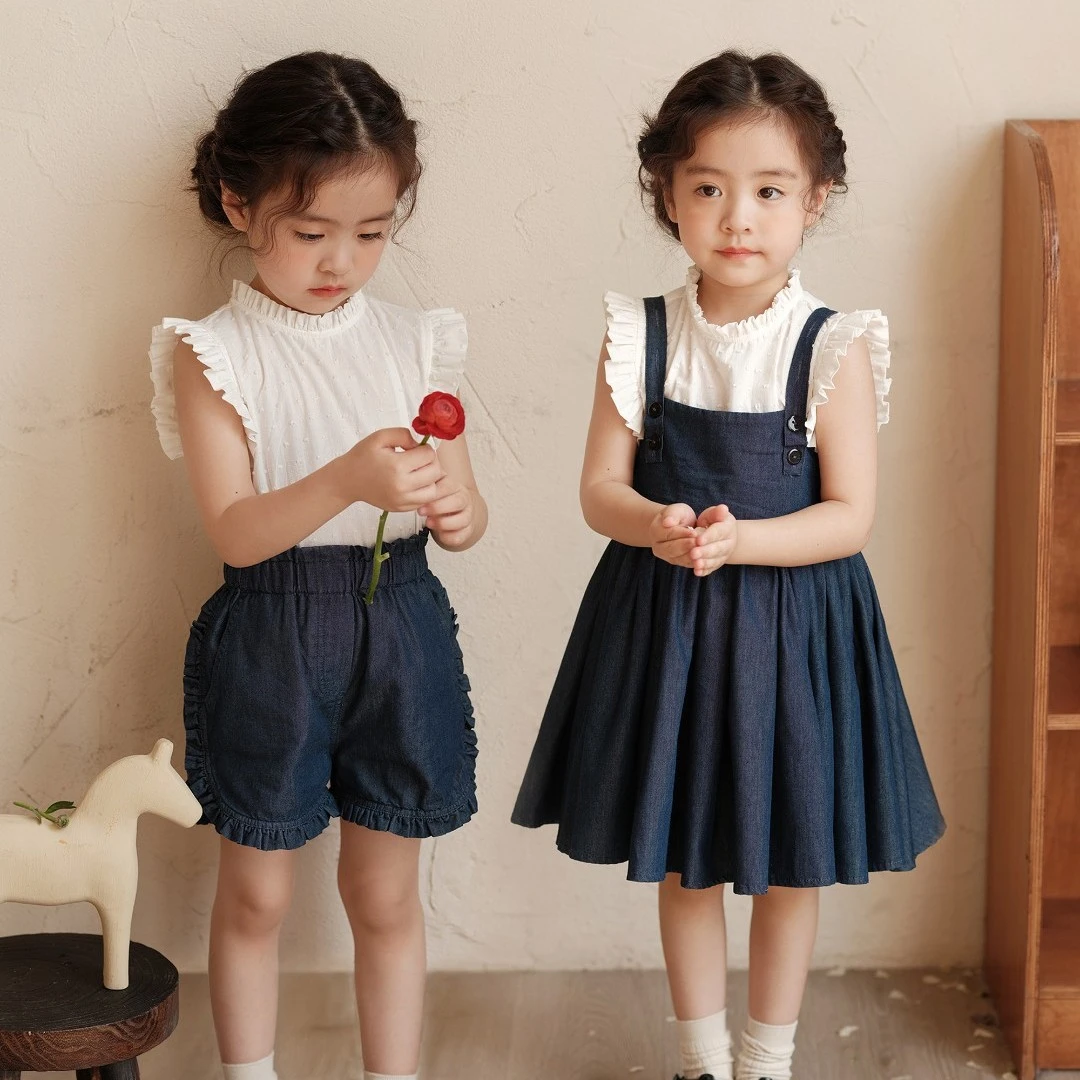 初煦2024年夏季女童法式飞袖短袖衬衫上衣牛仔背带裙花苞短裤
