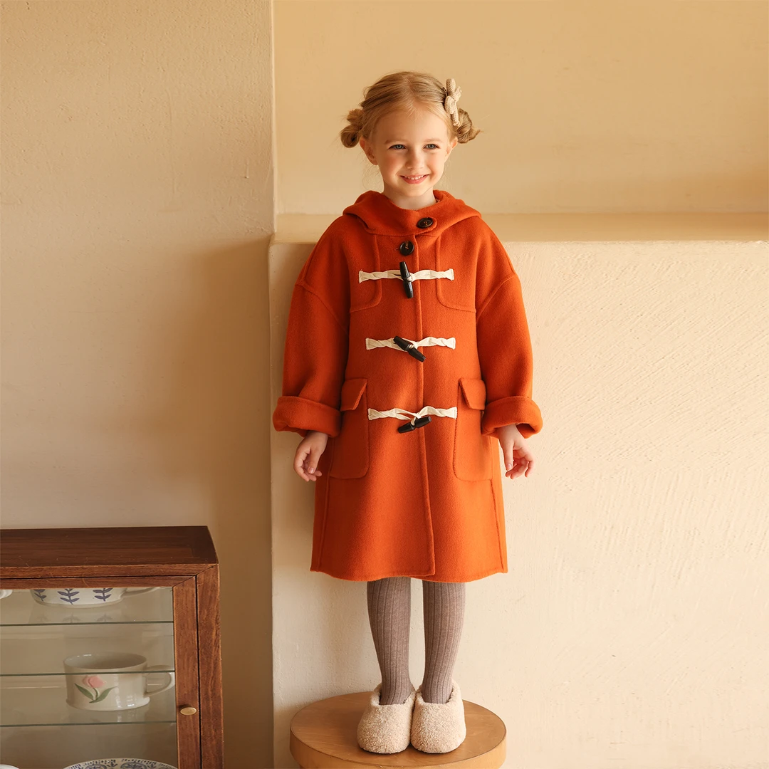 初煦 女童手工双面呢羊毛大衣2024冬季儿童中长款牛角扣连帽外套