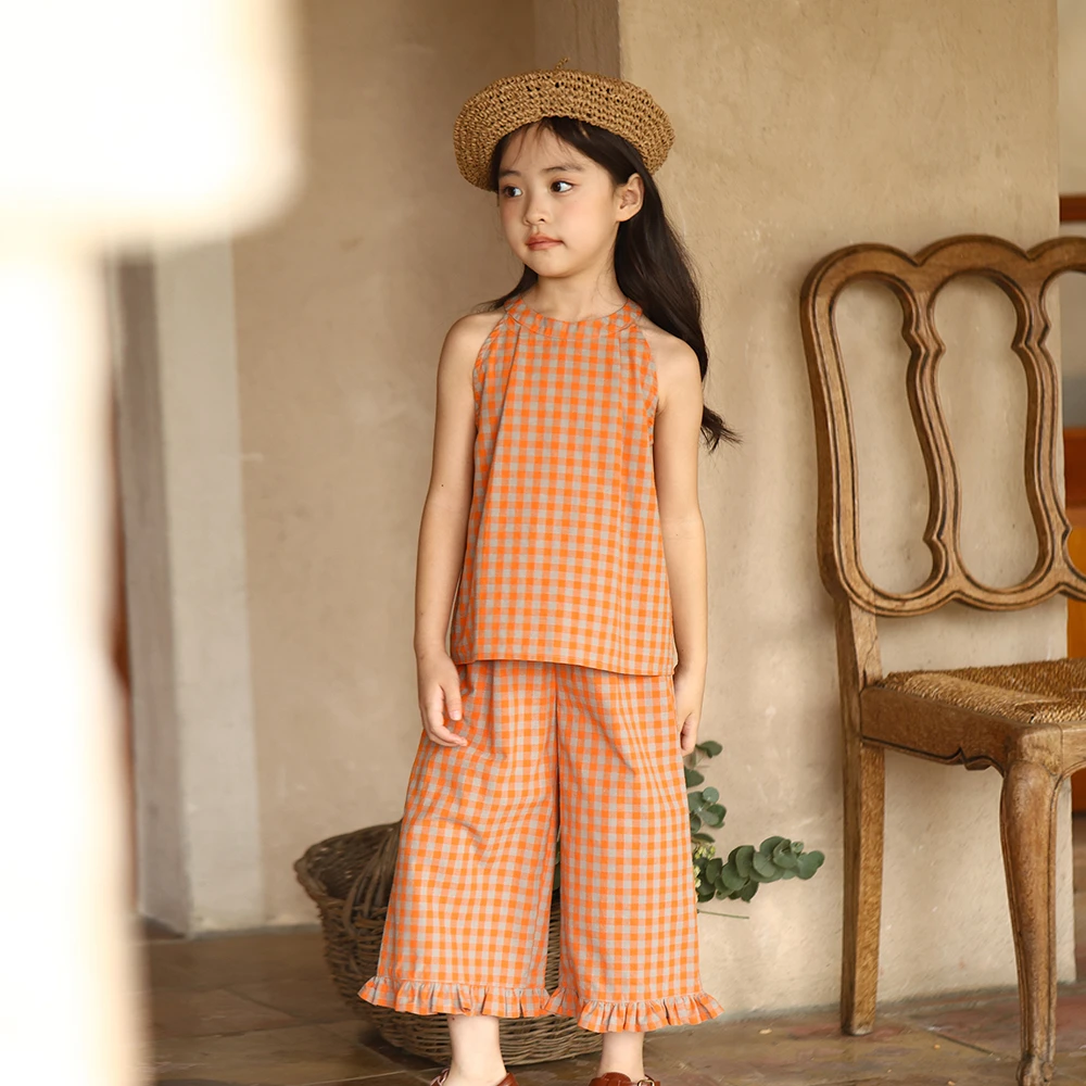 初煦 24夏季女童小众纯棉格子套装 甜美挂脖无袖上衣+花边阔腿裤