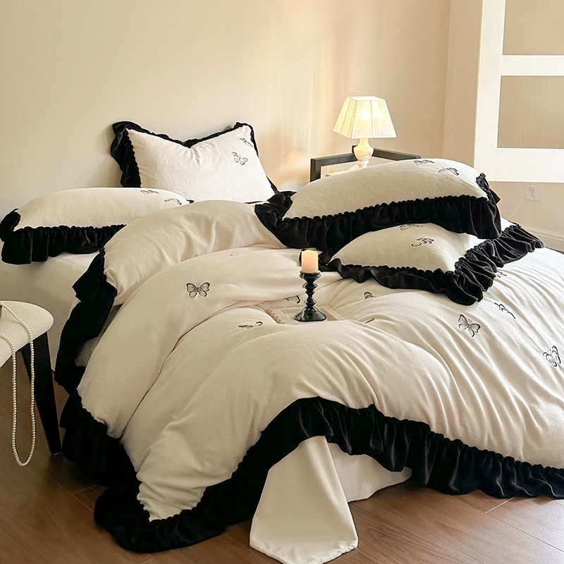 冬季牛奶绒四件套双面珊瑚绒加厚加绒法兰绒床单被套罩法式复古风