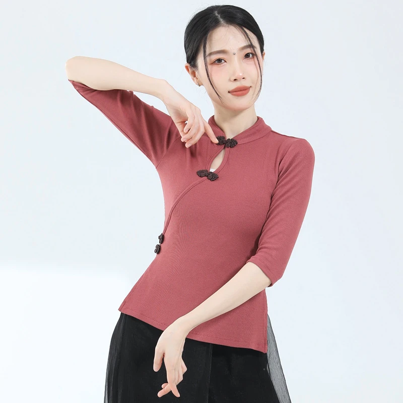 古典舞蹈服装时尚镂空上衣女盘扣旗袍领中袖练功服修身显瘦形体服