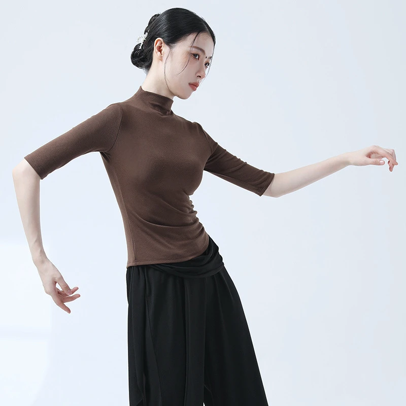 现代古典舞练功服半高领中袖女上衣舞蹈服修身形体训练秋冬打底衫