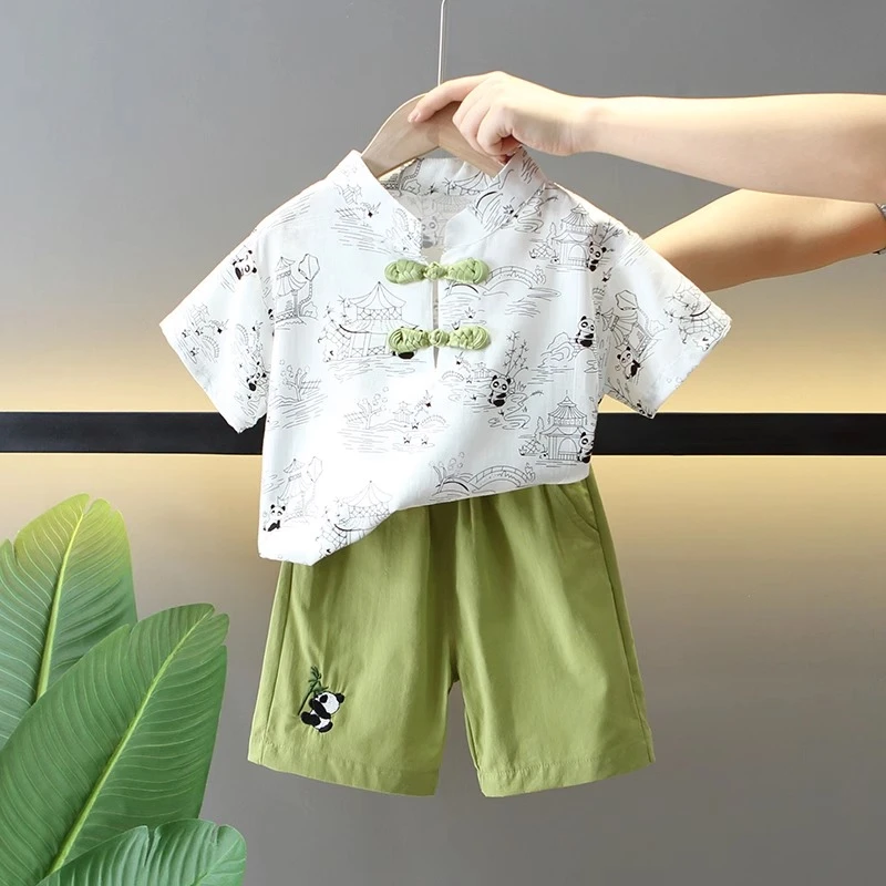 儿童汉服套装2025夏季新款男宝夏装新中式国风唐装熊猫短袖两件套
