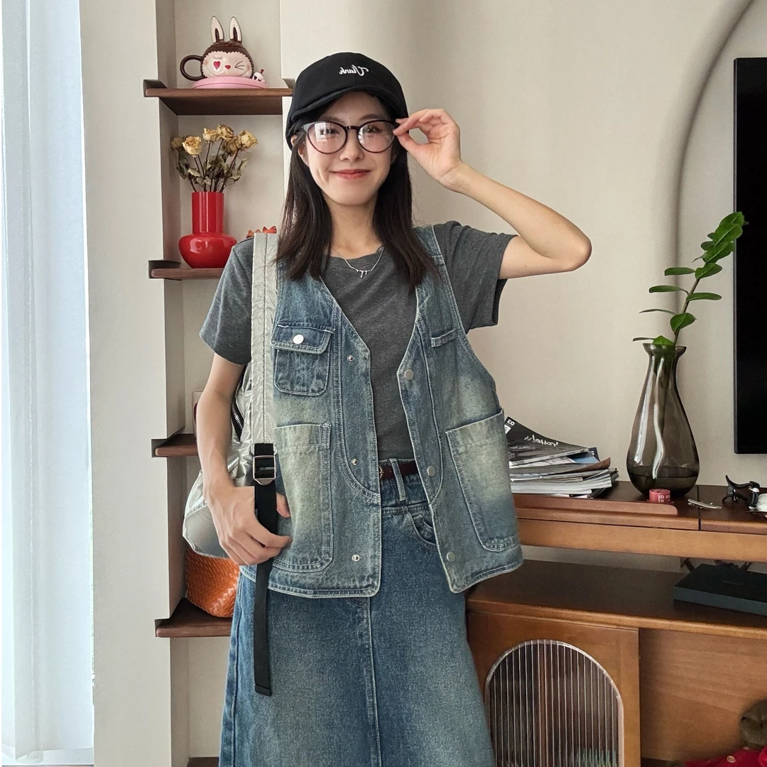 【吐血清仓】小个子复古水洗做旧牛仔马甲外搭背心无袖外套