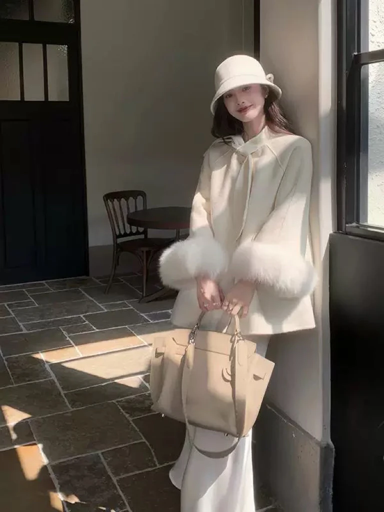 【姜夫人】新款千金风蝴蝶结真毛袖口双面羊大衣小个子外套女