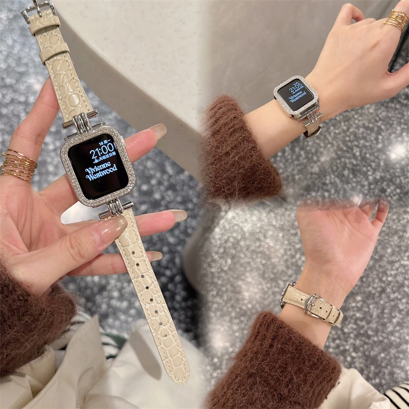 凯旋门压纹圆鳄真皮表带适用于s9苹果表带applewatch78代65SE细款