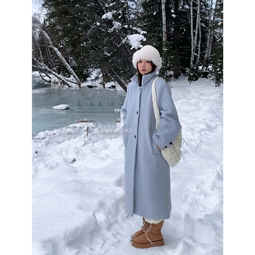 InTree张桶桶【北冰洋】蓝色长大衣软糯毛呢外套氛围感简约ZXL01745