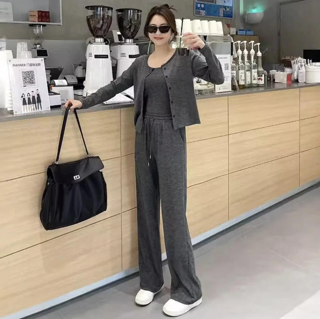 时尚休闲套装显瘦气质长袖网红三件套女装百搭秋冬季垂感一整套